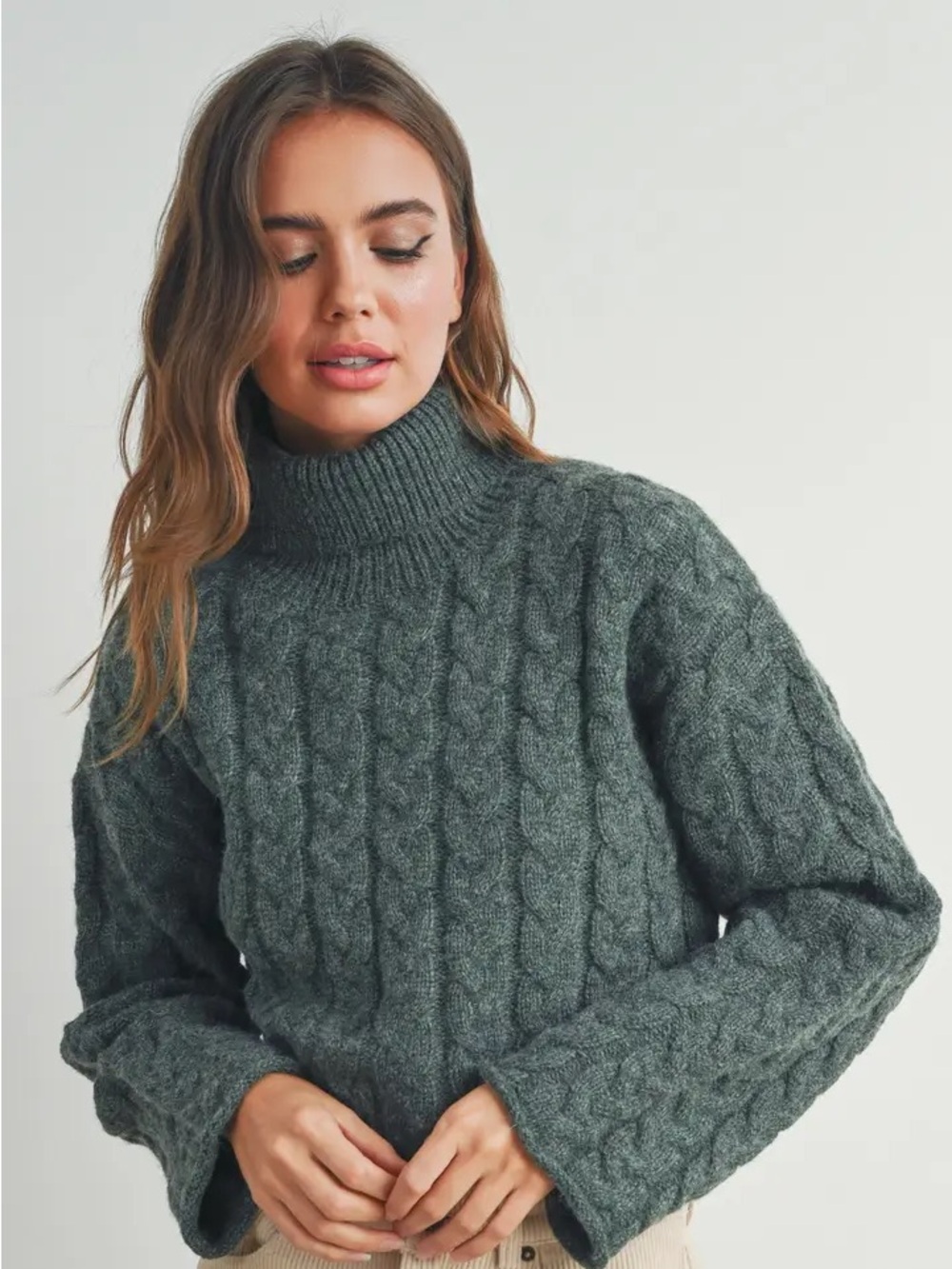 Buttermelon Cozy Cable Knit Turtleneck Sweater - Green
